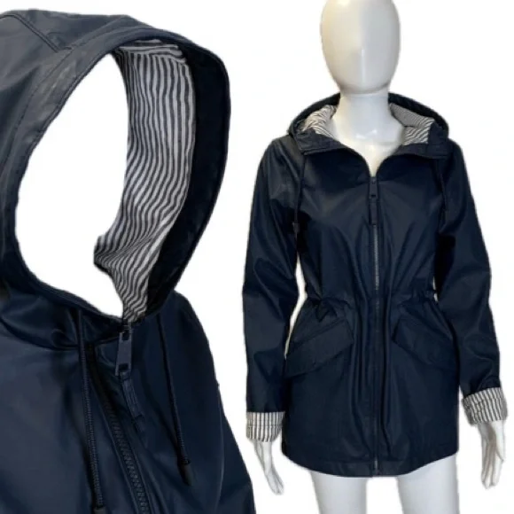 Hollister Hooded Coated Raincoat Womens Size XS Navy Cargo Pocket Anorak Shell - Picture 1 of 12